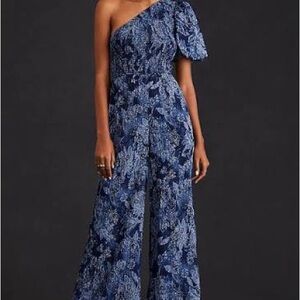 Elliatt Blue Floral One-Shoulder Puff-Sleeve Jumpsuit
